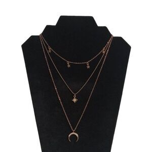 Gold Toned Triple Strand Star Charms & Rhinestone Moon Pendant Layered Necklace